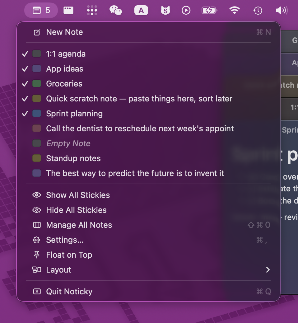 Noticky menu bar dropdown — recent notes, new note, show/hide all, manager, layout, settings