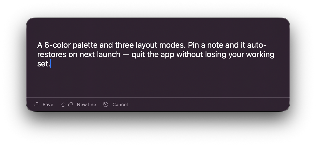 Noticky quick-capture window opened by global hotkey, with Save / New line / Cancel