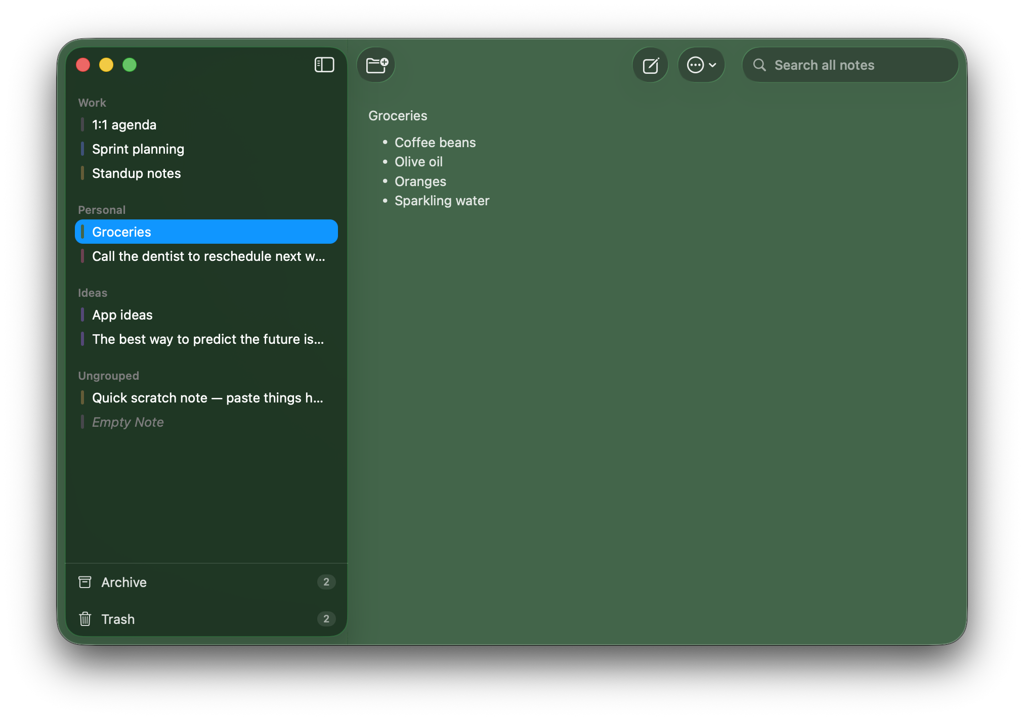 Perch manager window — sidebar groups, search, note list