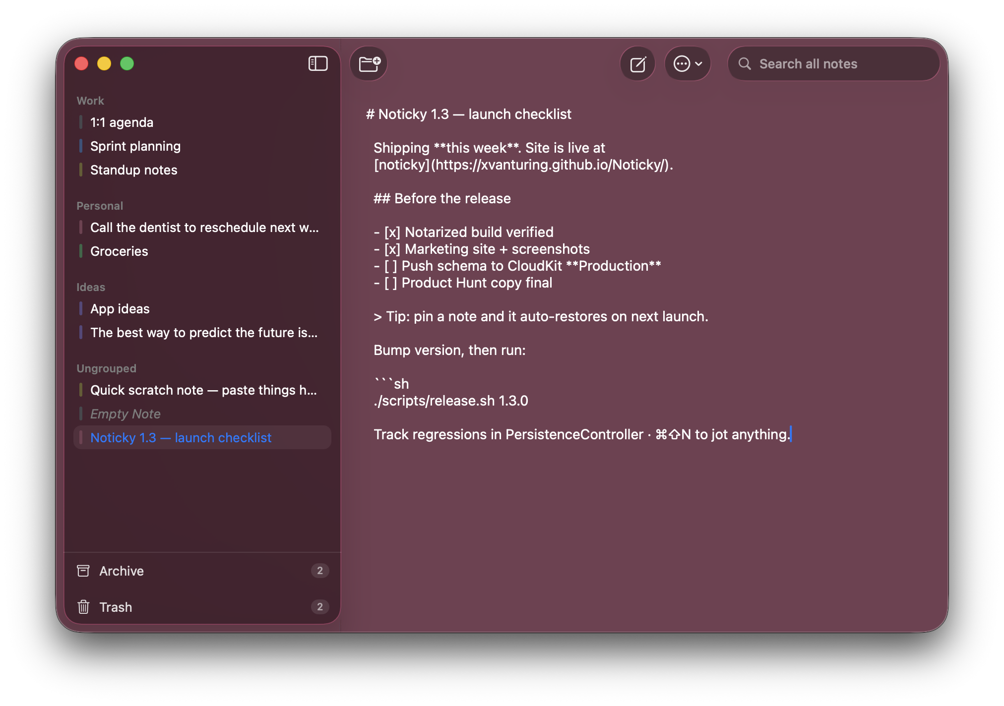 Perch editing a Markdown note — headings, task list, and fenced code